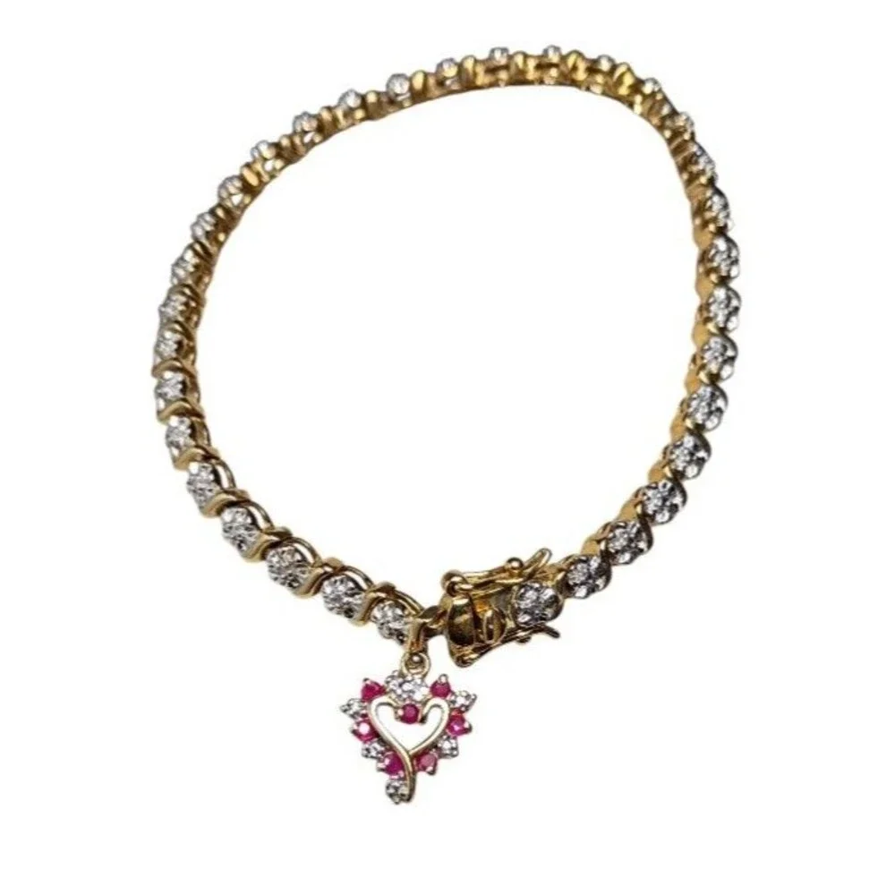 Ruby Diamond Heart Pendant Gold Vermeil Sterling Silver Tennis Bracelet 7.5